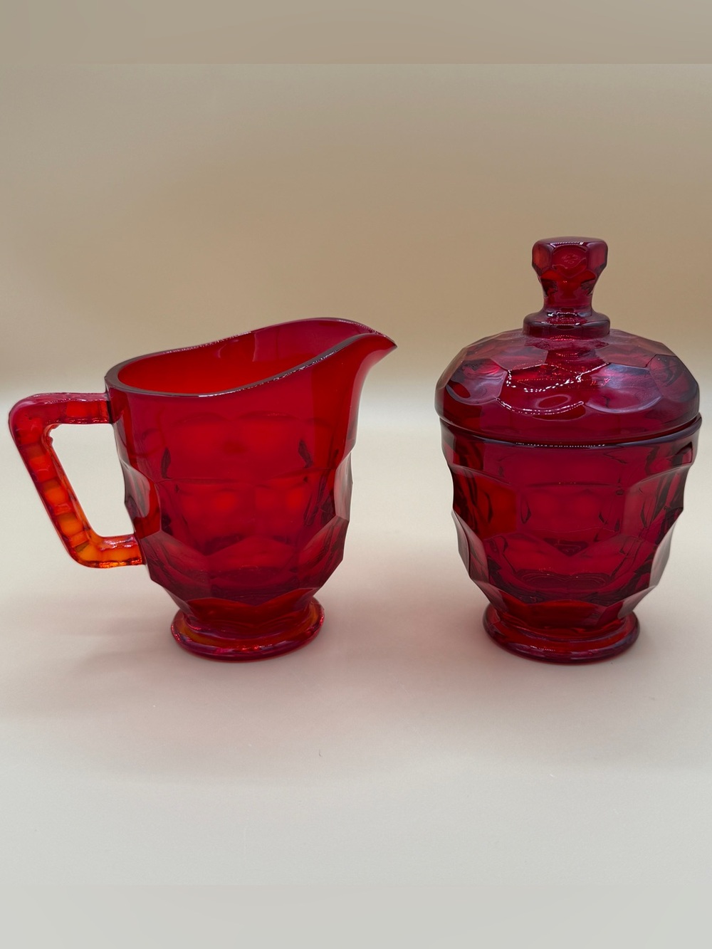 Vintage Viking Glass Georgian Ruby Red Amberina Covered Sugar & Creamer GLOWS